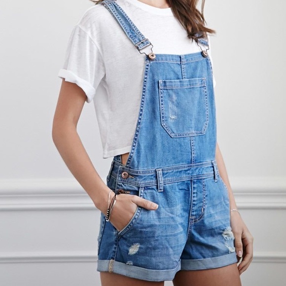 F21 Premium Distressed Denim Overall Shorts - Picture 1 of 9